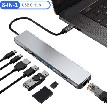 Multifunction adaptör 8-IN-1 USB C Hub Type-C Bağlantı İstasyonu Çoklu Bağlantı Noktası Adaptörü 4K HD RJ45 Ethernet USB 3.0 PD Şarj Bağlantı Noktası SD TF Kart Okuyucu